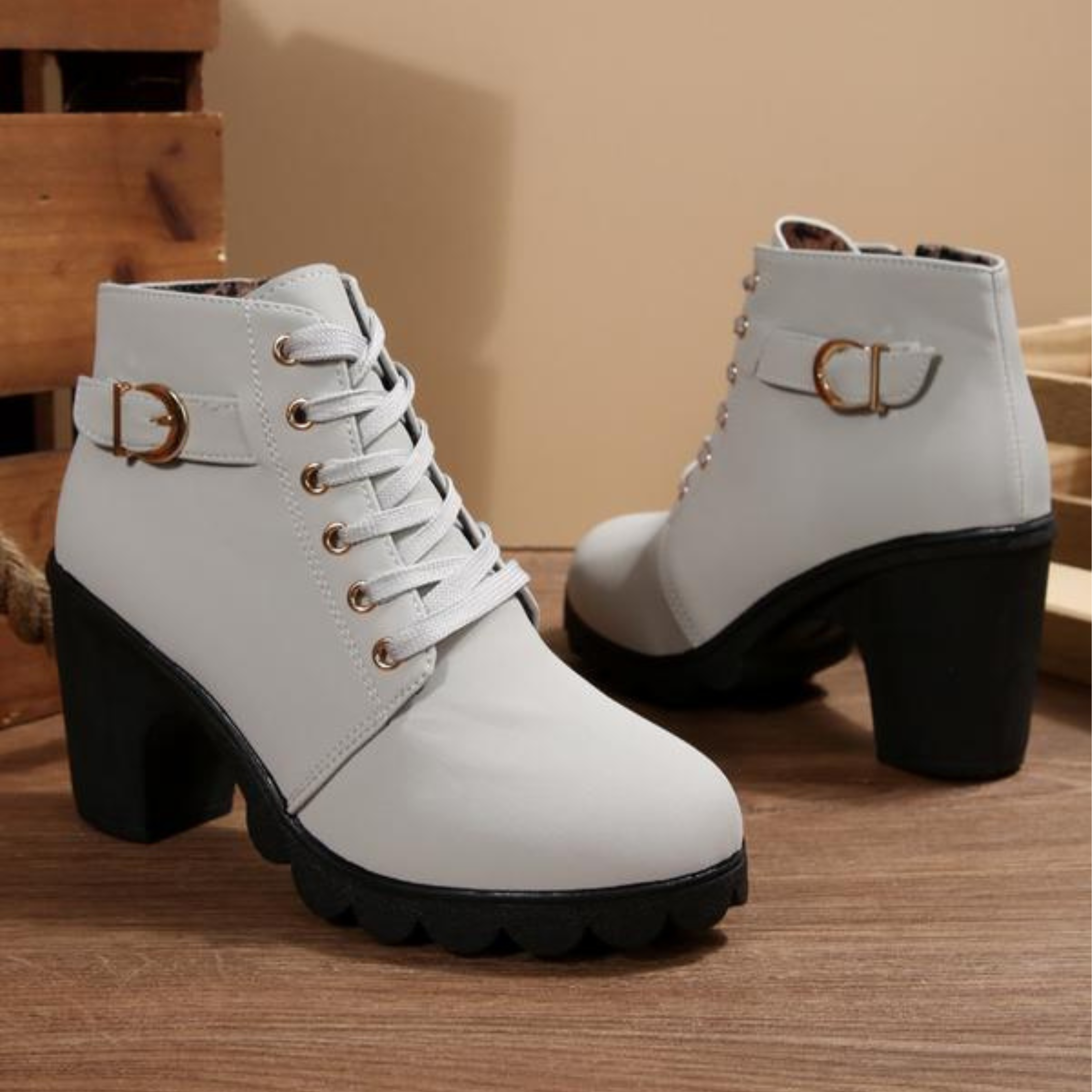 AVA | CHIC LACE-UP METAL BUCKLE CHUNKY ANKLE BOOTS