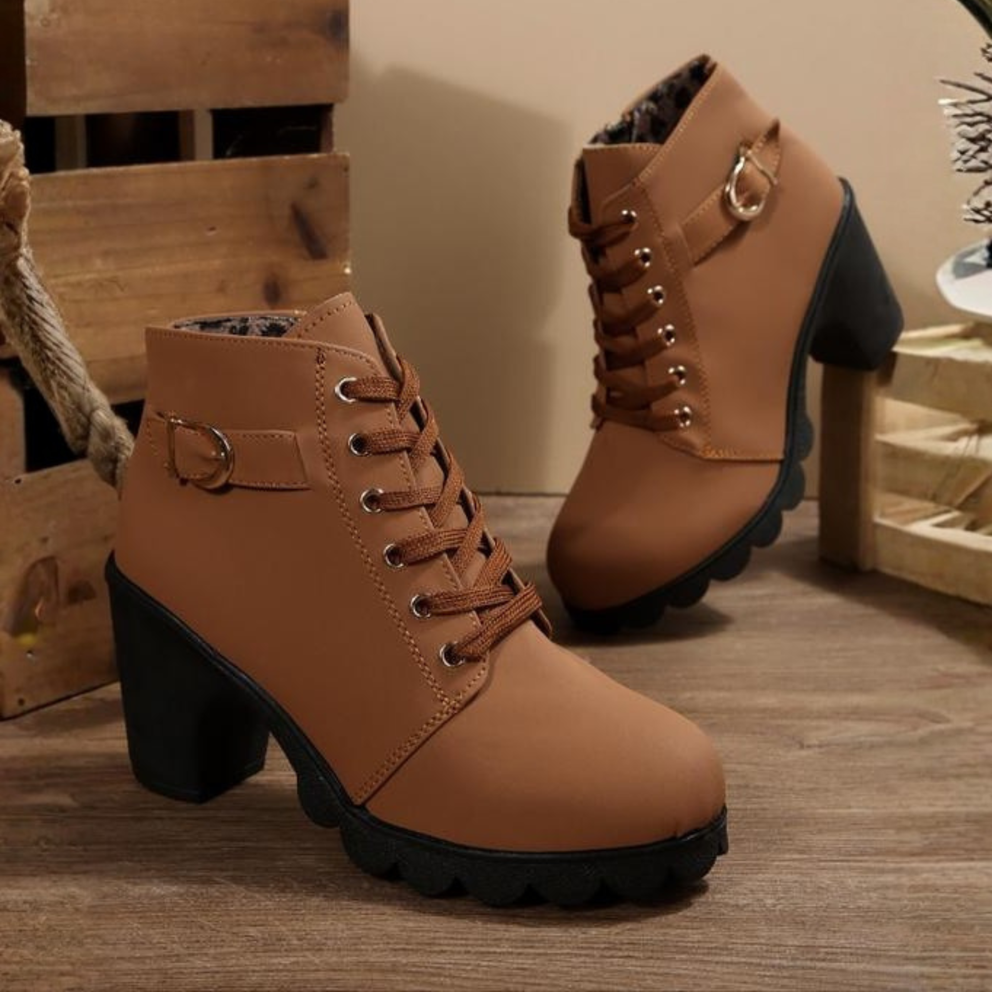 AVA | CHIC LACE-UP METAL BUCKLE CHUNKY ANKLE BOOTS