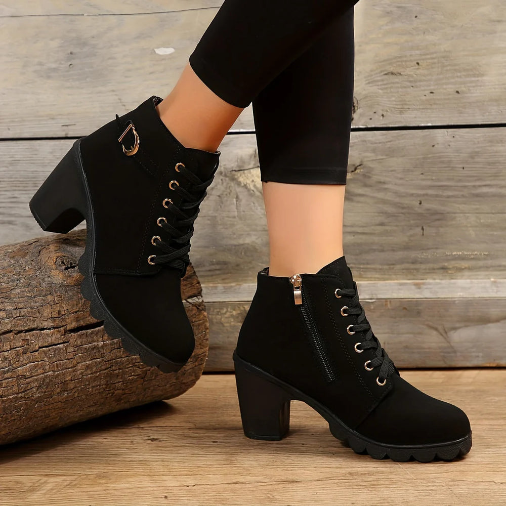 AVA | CHIC LACE-UP METAL BUCKLE CHUNKY ANKLE BOOTS